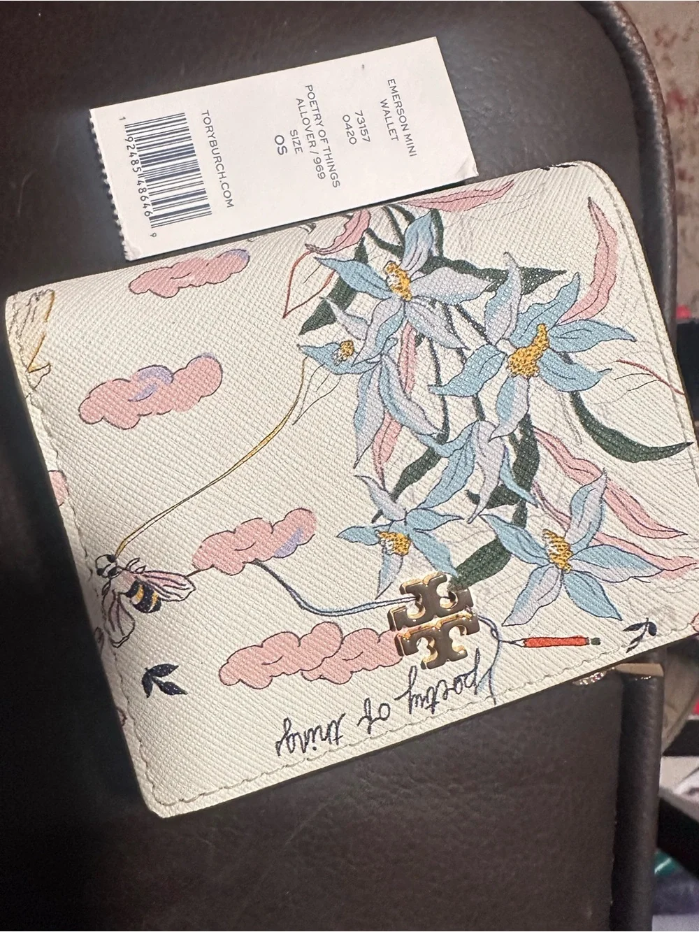 Tory Burch Cream Floral Print Leather Compact Wallet with Gold Logo